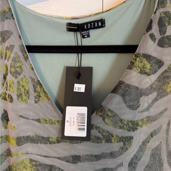 Kozan Zebra Print Midi Sheer Mesh Overlay Dress Size Medium Muted Gray Green NWT - Picture 8 of 13